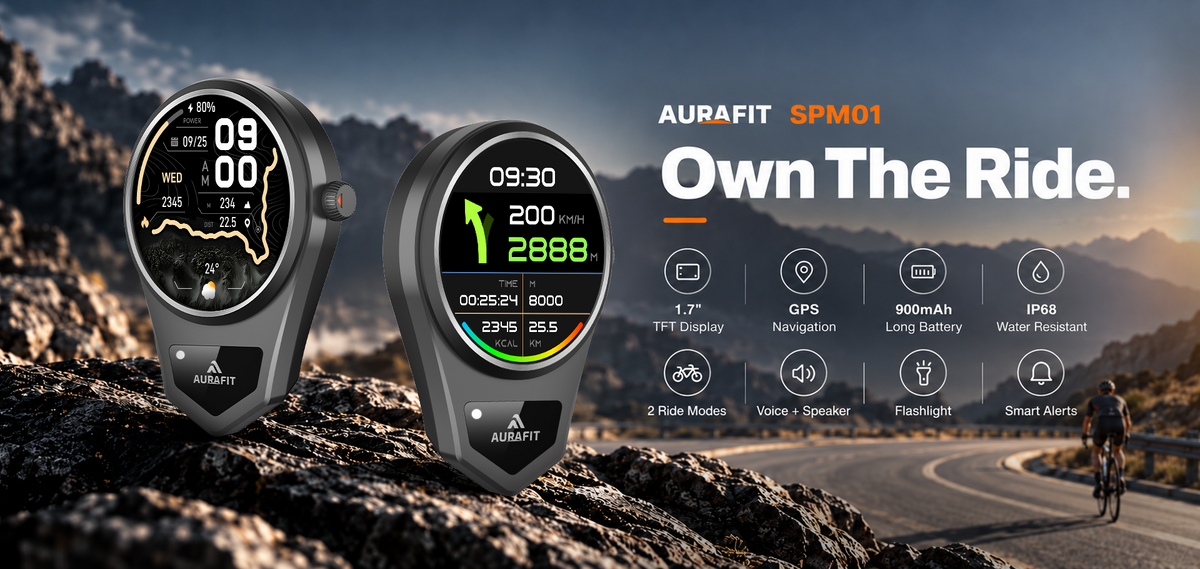 AURAFIT SPM01 Smart Cycling Computer mounted on aerodynamic endurance cockpit in rugged terrain